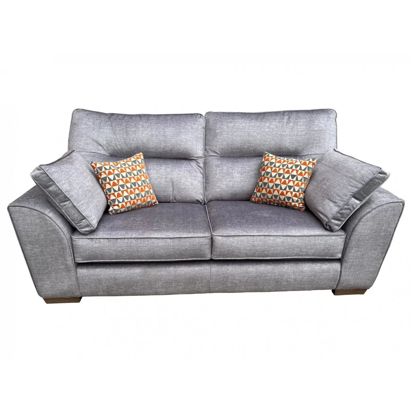 Grey fabric sofa with two patterned cushions and wide armrests, front angle view