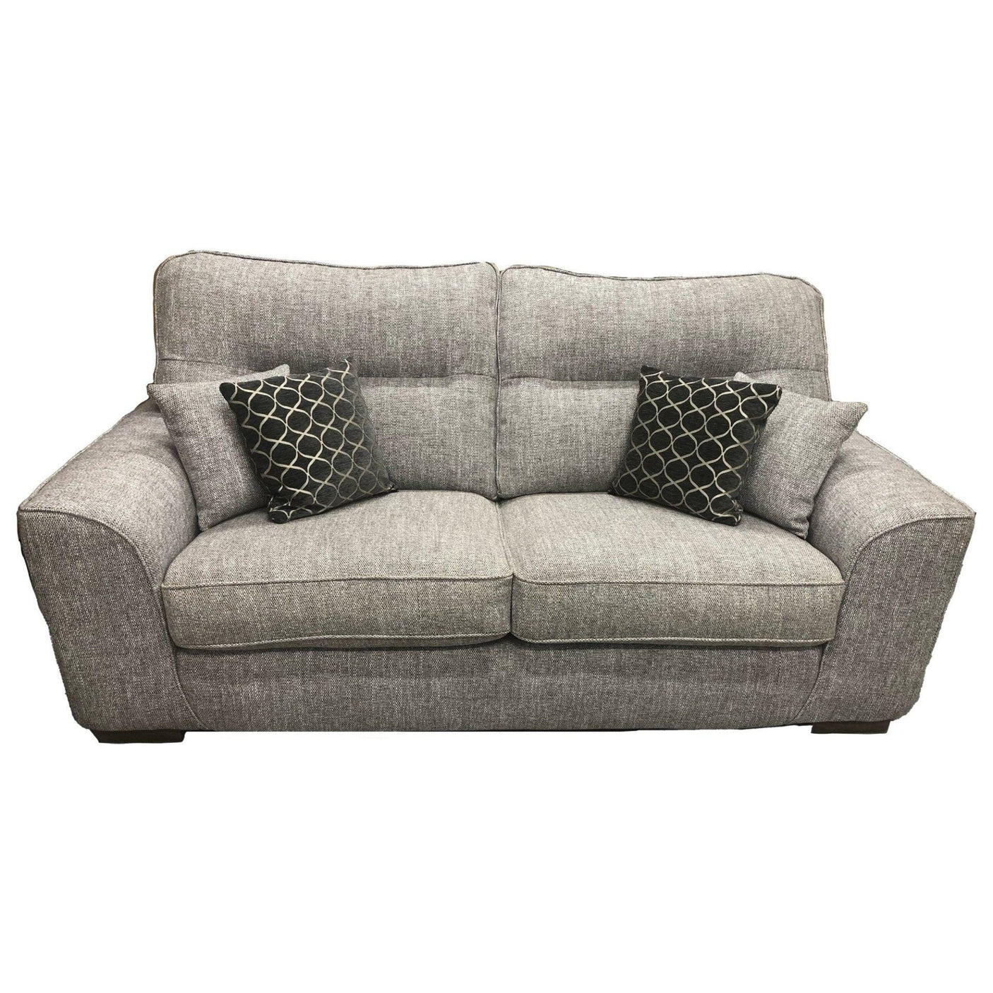 Grey fabric sofa with two patterned cushions and two plain cushions on white background