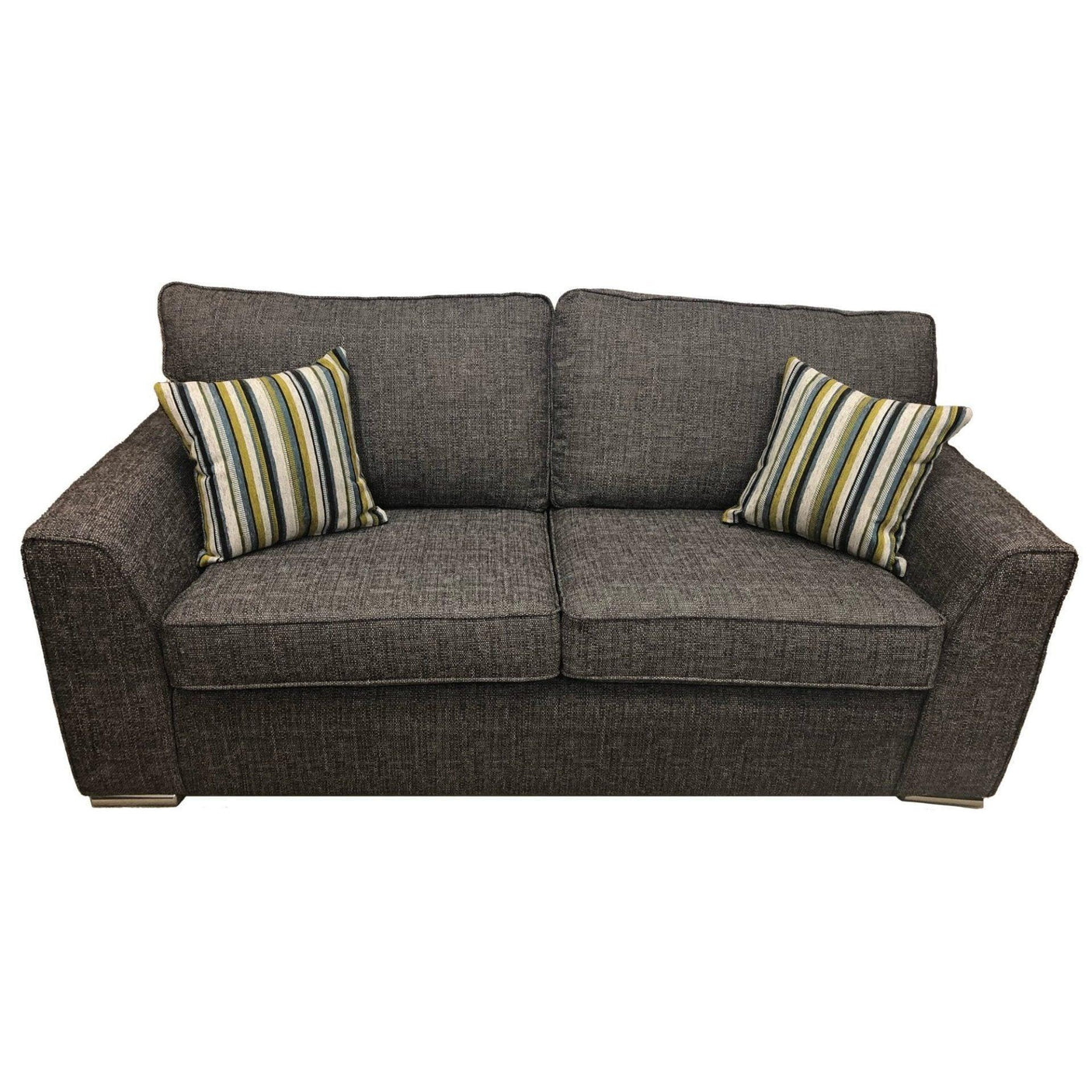 Grey fabric sofa with striped scatter cushions, front view