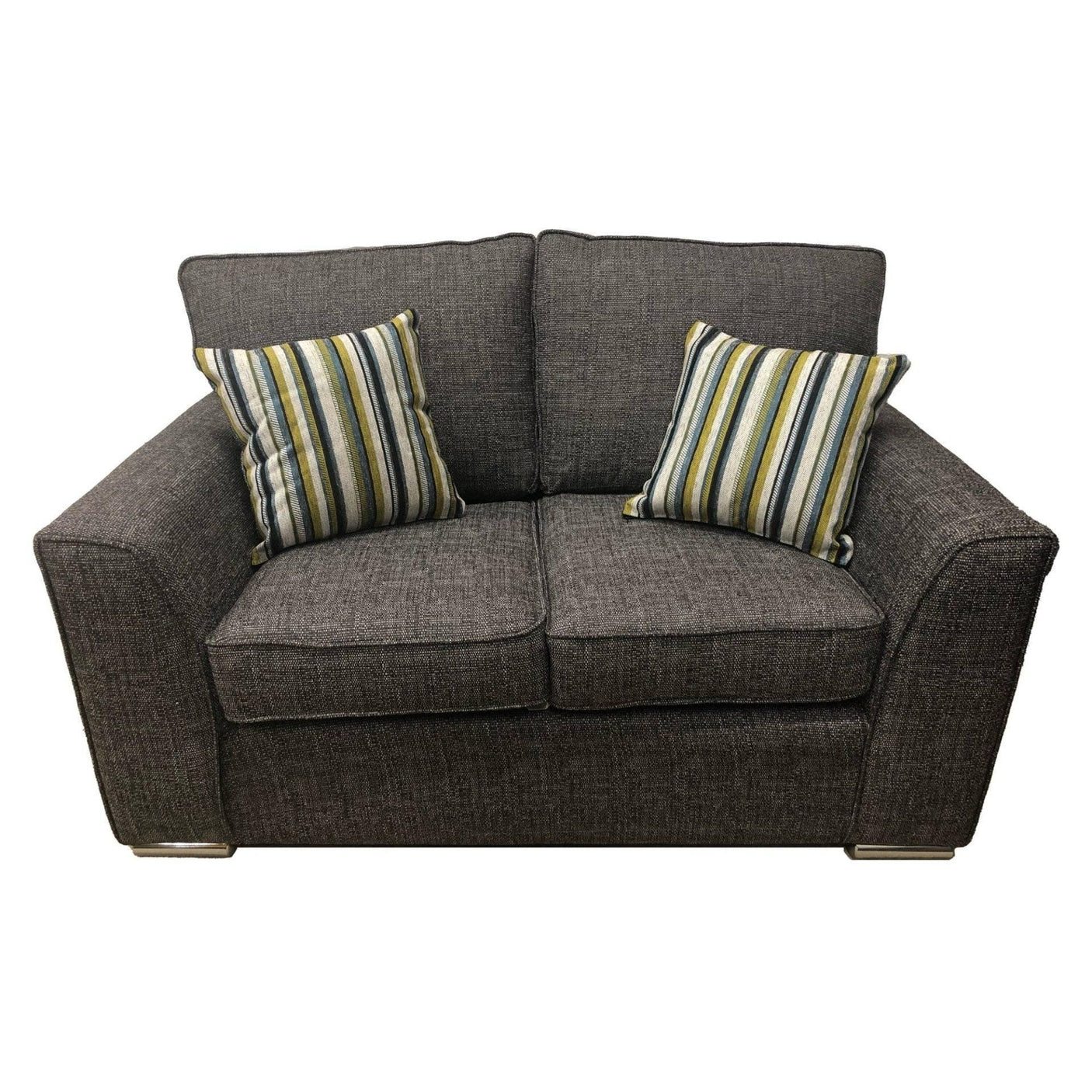 Grey fabric sofa with striped accent cushions and metal feet, front view