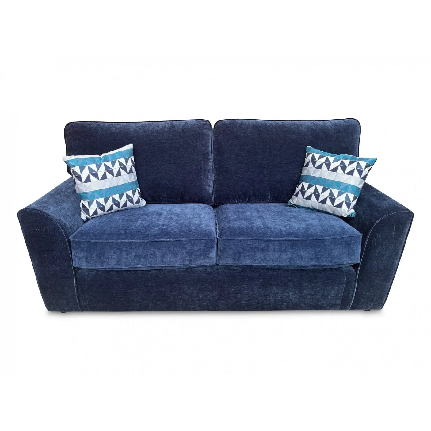 Blue fabric sofa with two patterned accent cushions, front view on white background