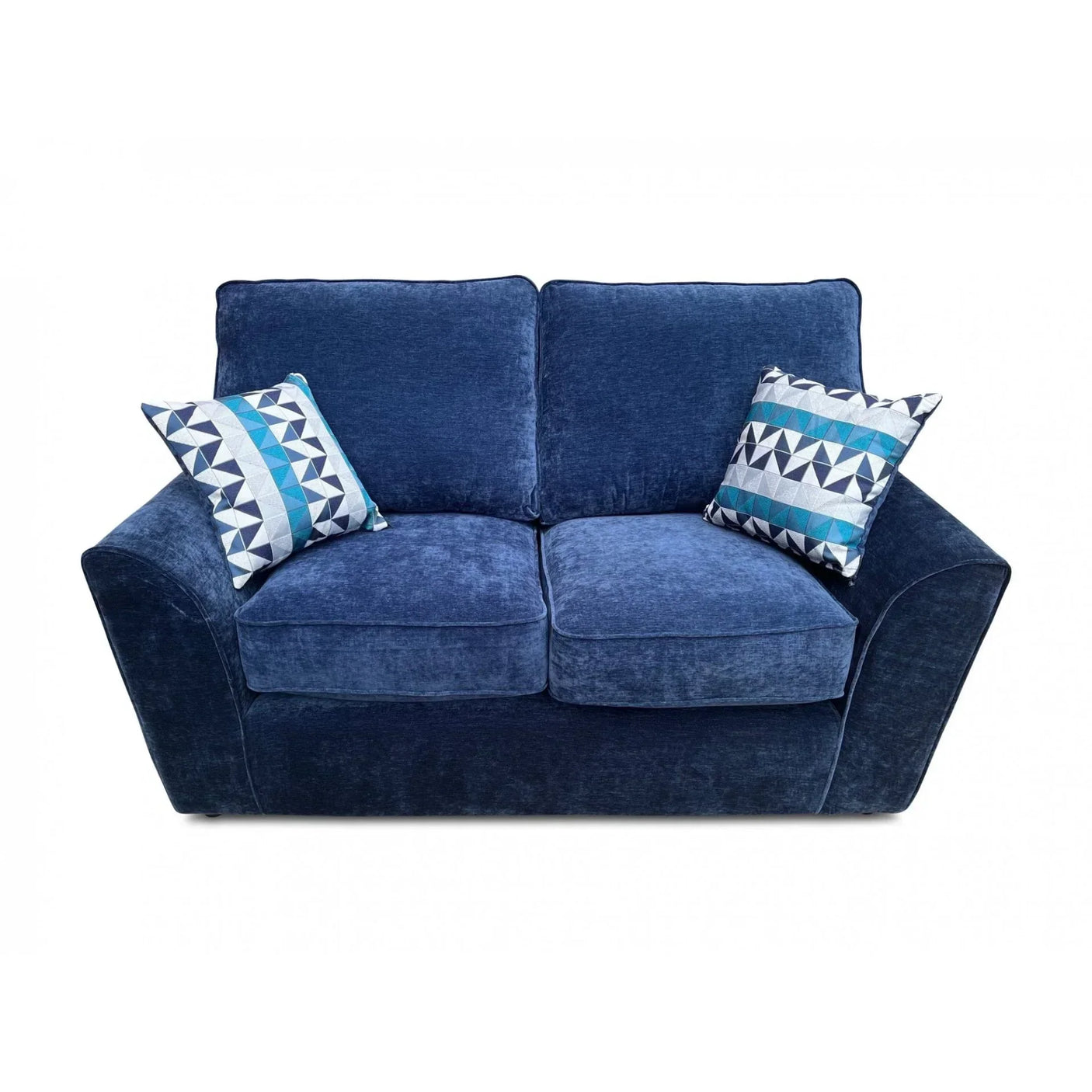 Blue fabric sofa with two patterned cushions and wide arms, front view