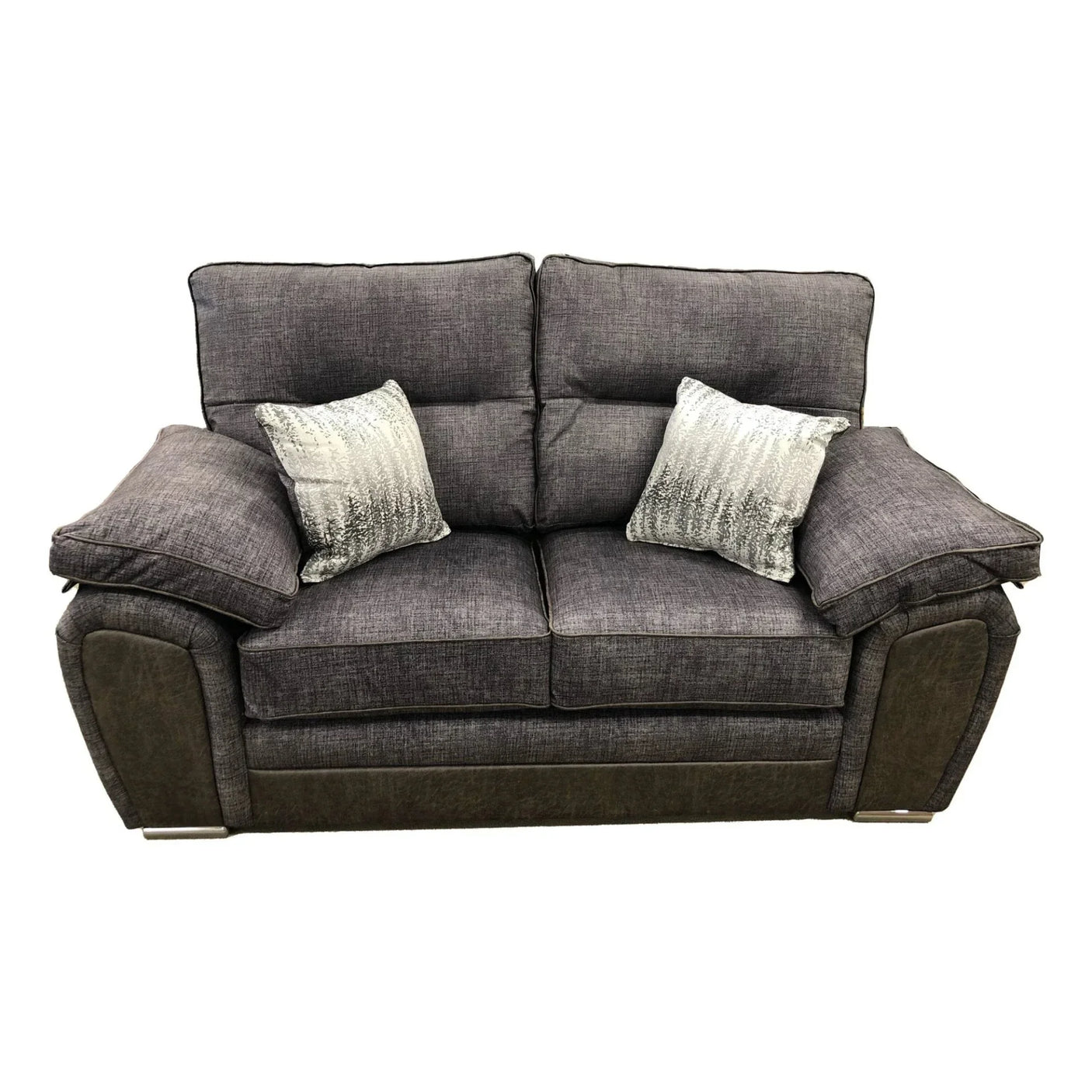 Grey fabric sofa with two silver accent cushions, plush armrests and contrast panel sides