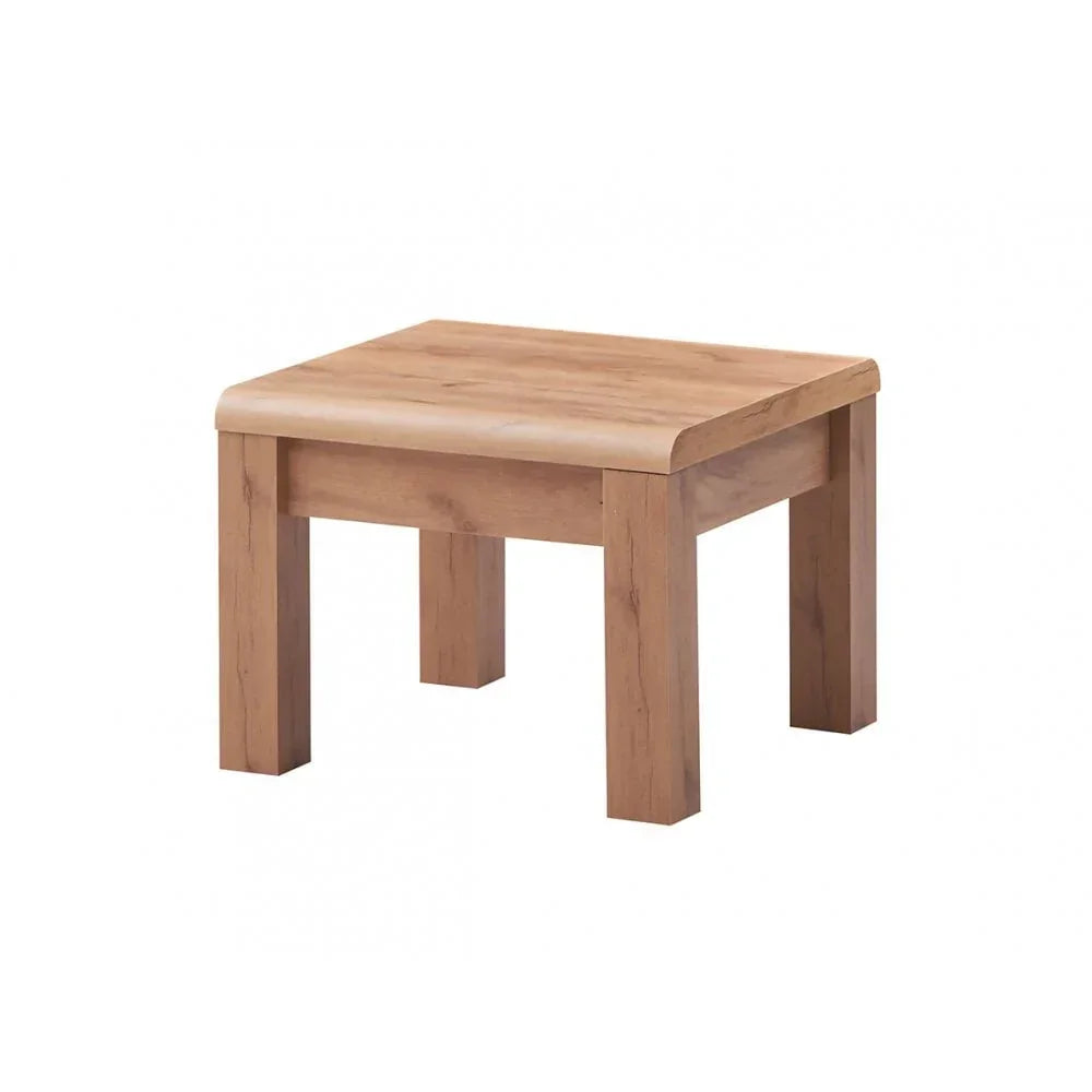 Oak wood side table with a square top and chunky legs on white background
