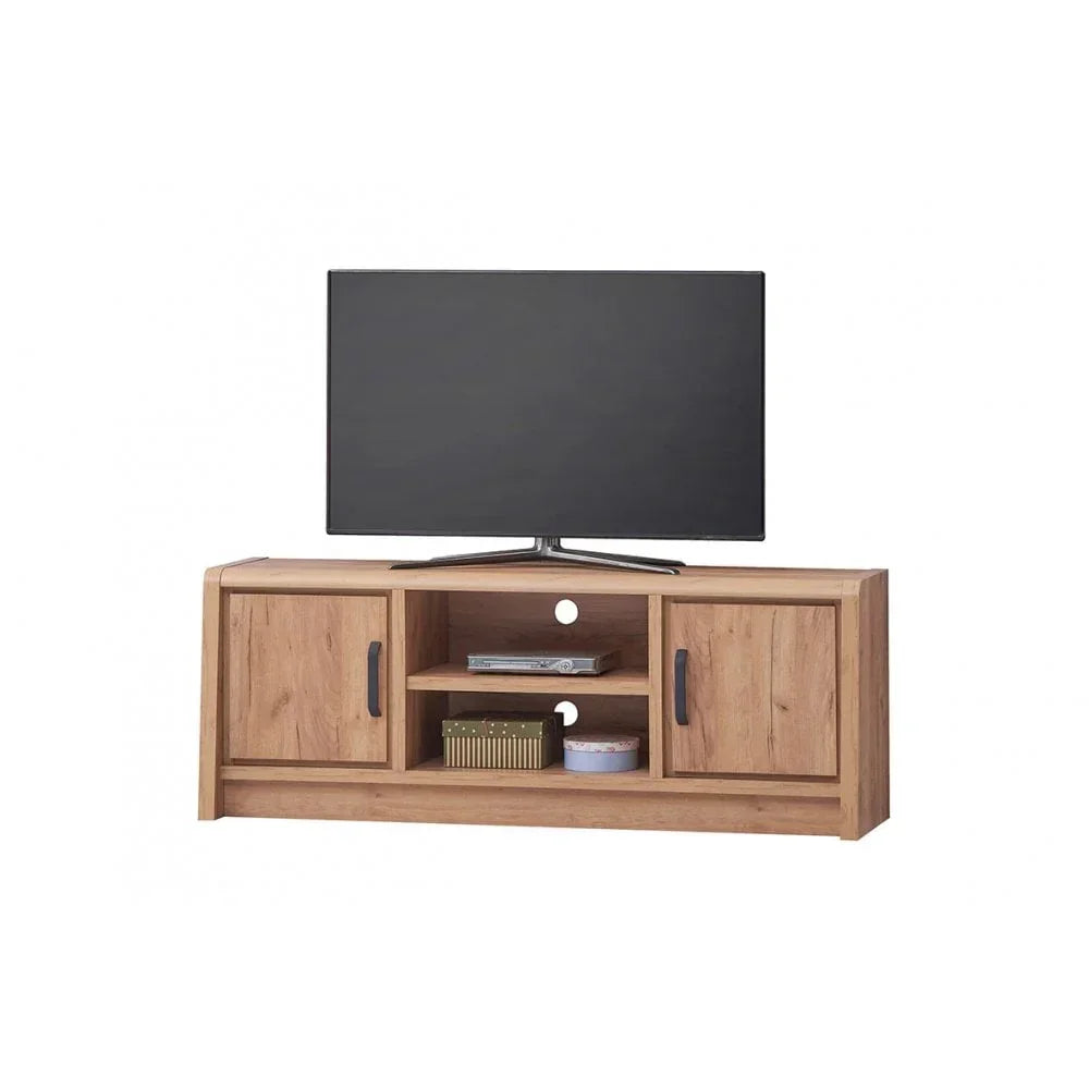 Oak TV unit with two cabinets, open shelving and flat screen TV on top