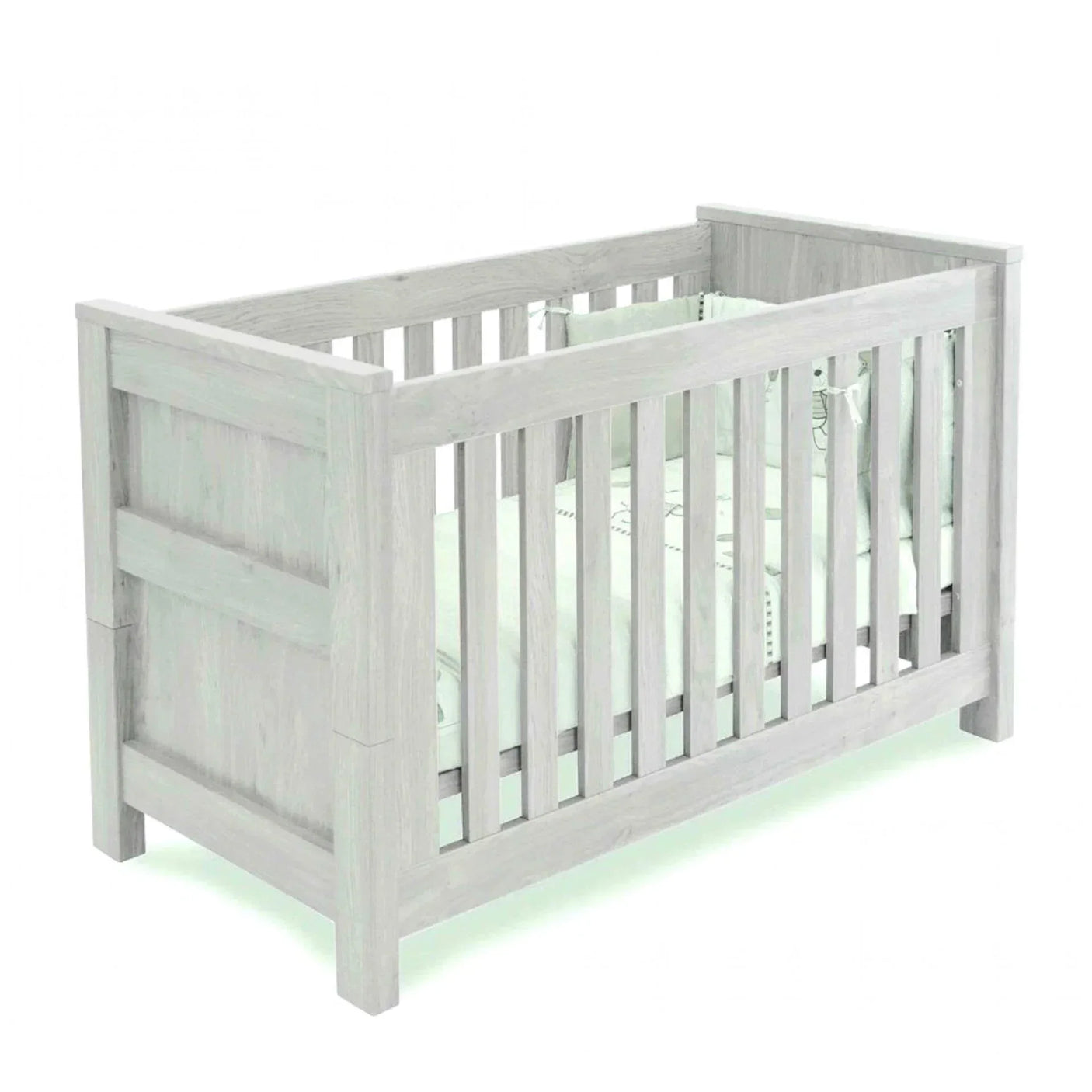 Light grey wooden baby cot with vertical slats and panelled end, shown at an angle