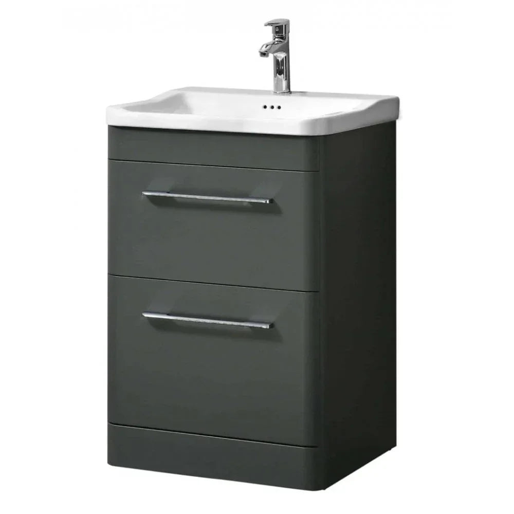 Grey bathroom vanity unit with two drawers and white ceramic sink