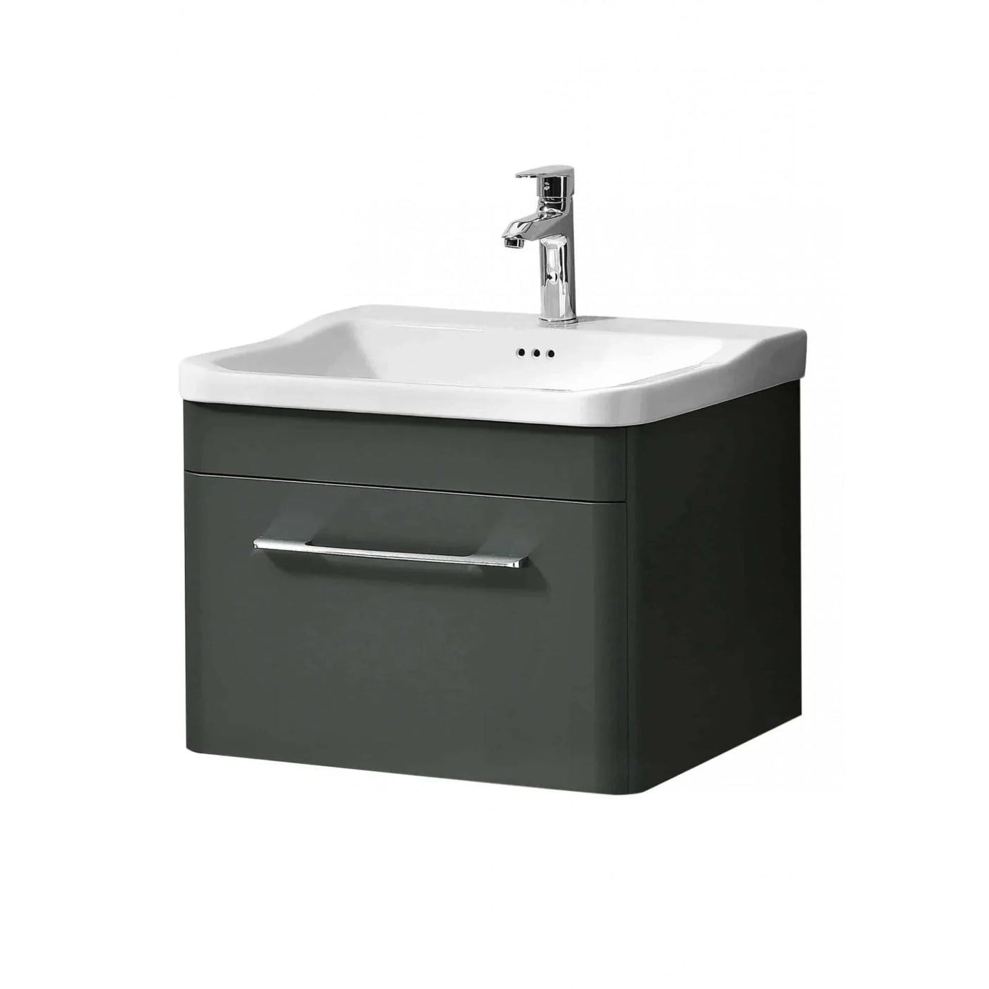 Wall-mounted vanity unit with white basin, chrome faucet and dark grey drawer front