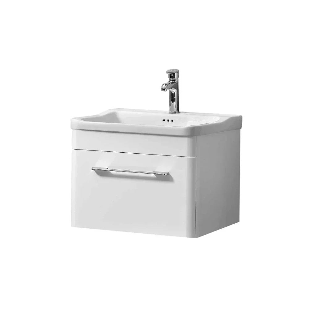 White wall-mounted bathroom vanity unit with integrated sink and chrome tap