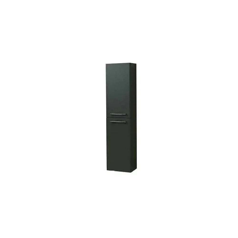 Tall black storage cabinet with two doors and chrome handles, front angle view