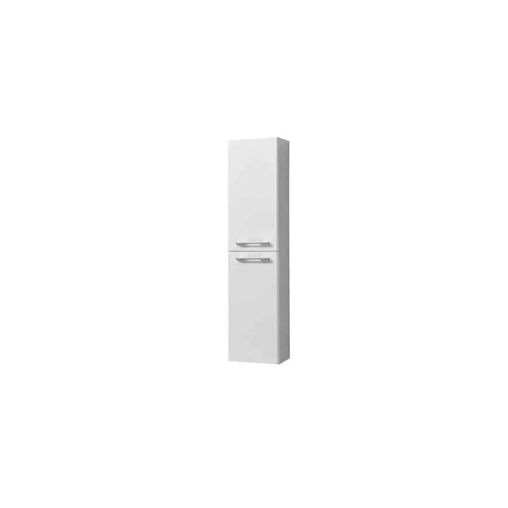 Tall white bathroom storage cabinet with two doors and chrome handles, front view
