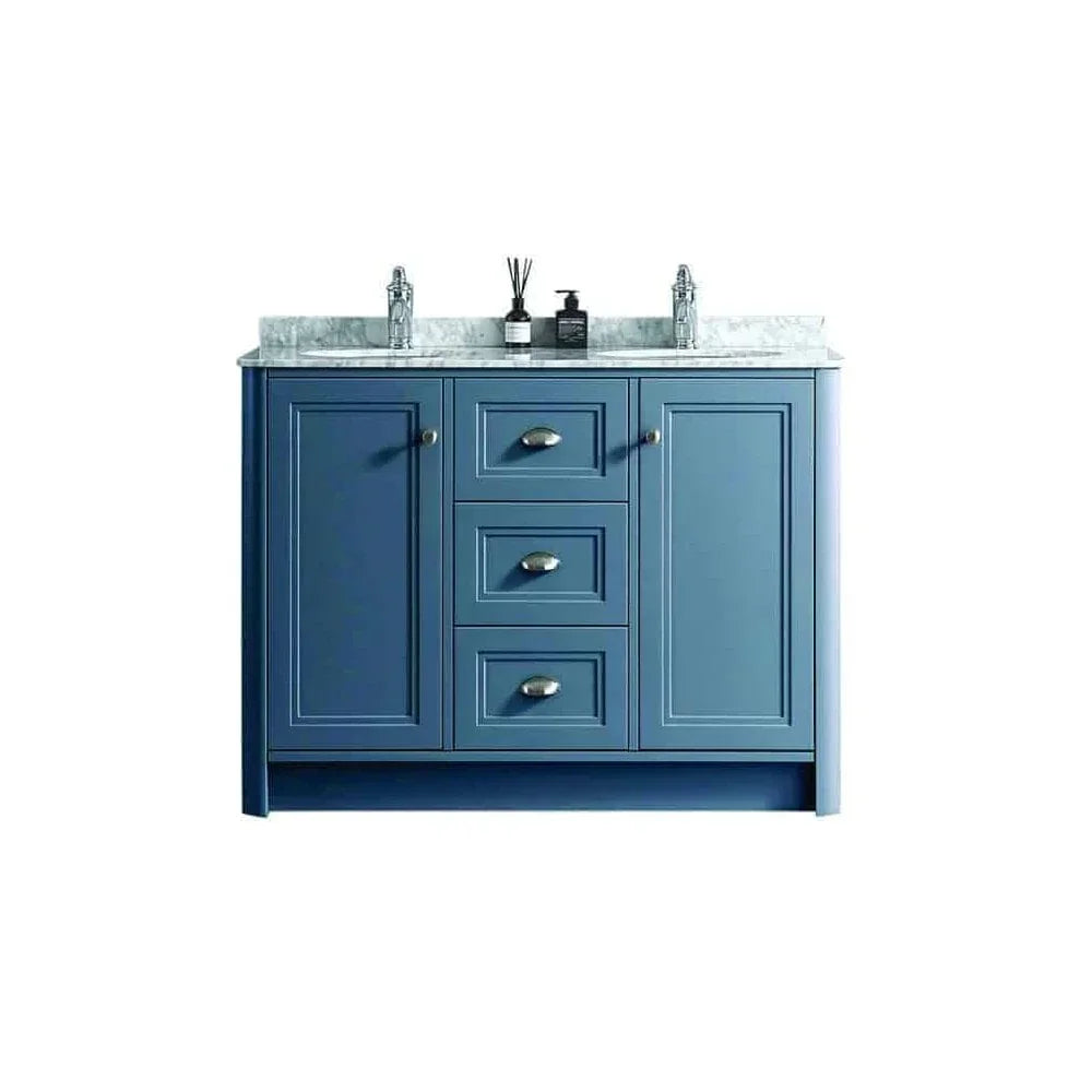 Blue bathroom vanity unit with marble countertop and double sinks
