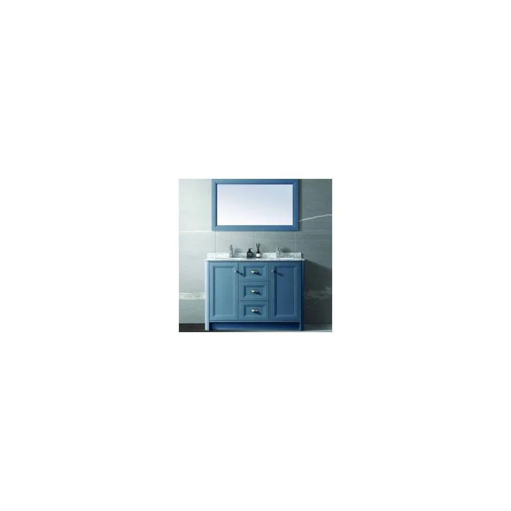 Blue bathroom vanity unit with marble countertop and matching wall mirror