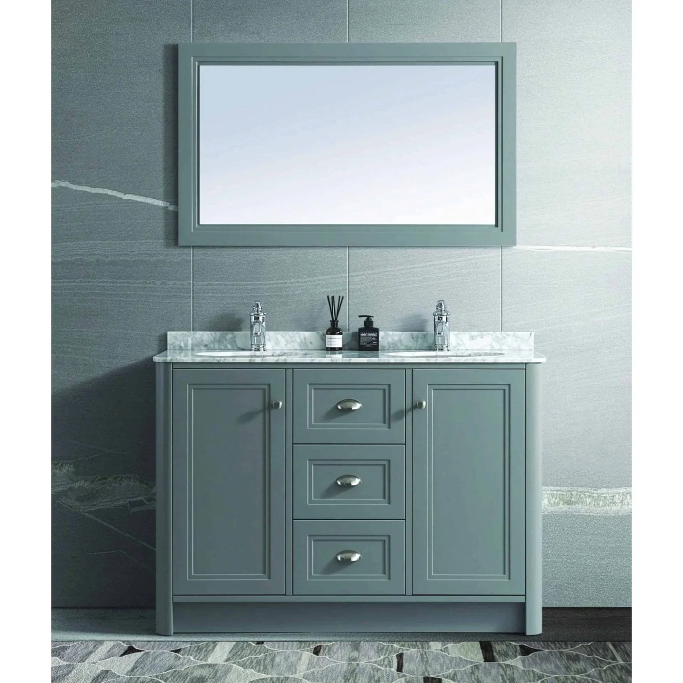 Grey bathroom vanity unit with marble countertop and double sinks, matching wall mirror