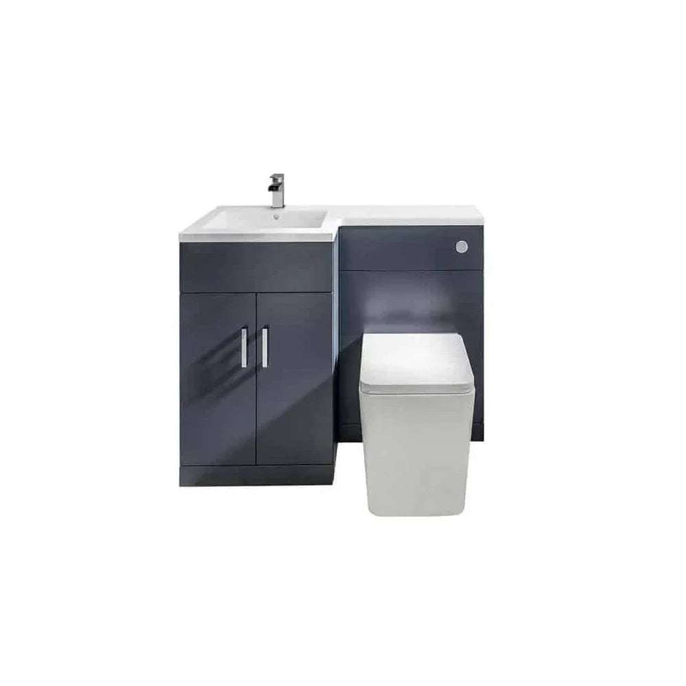 Modern bathroom vanity unit with square basin and toilet, matte grey cabinet, front view