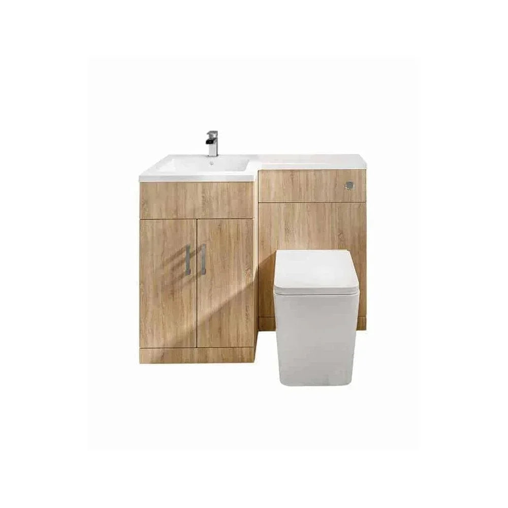 Oak finish bathroom vanity unit with storage, basin and modern toilet set