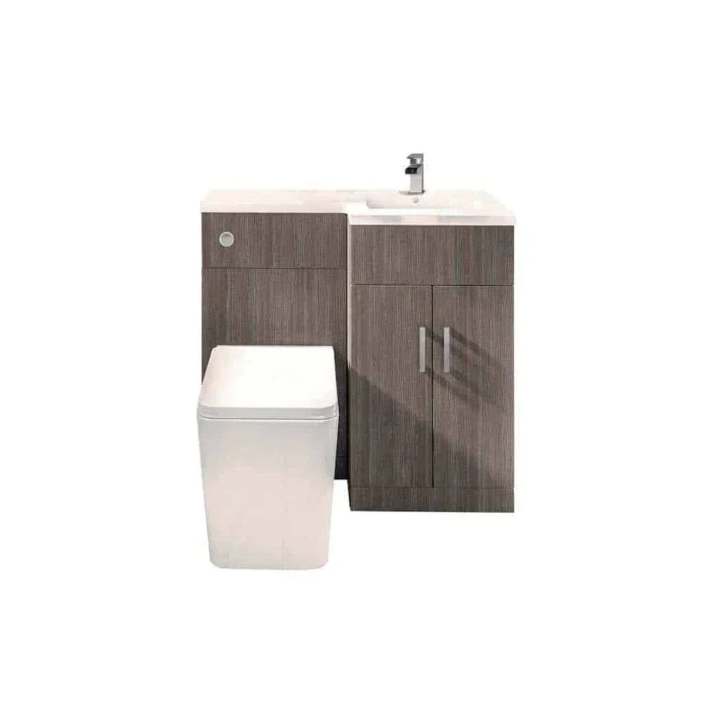 Modern bathroom vanity unit with white toilet and grey wood finish cabinets