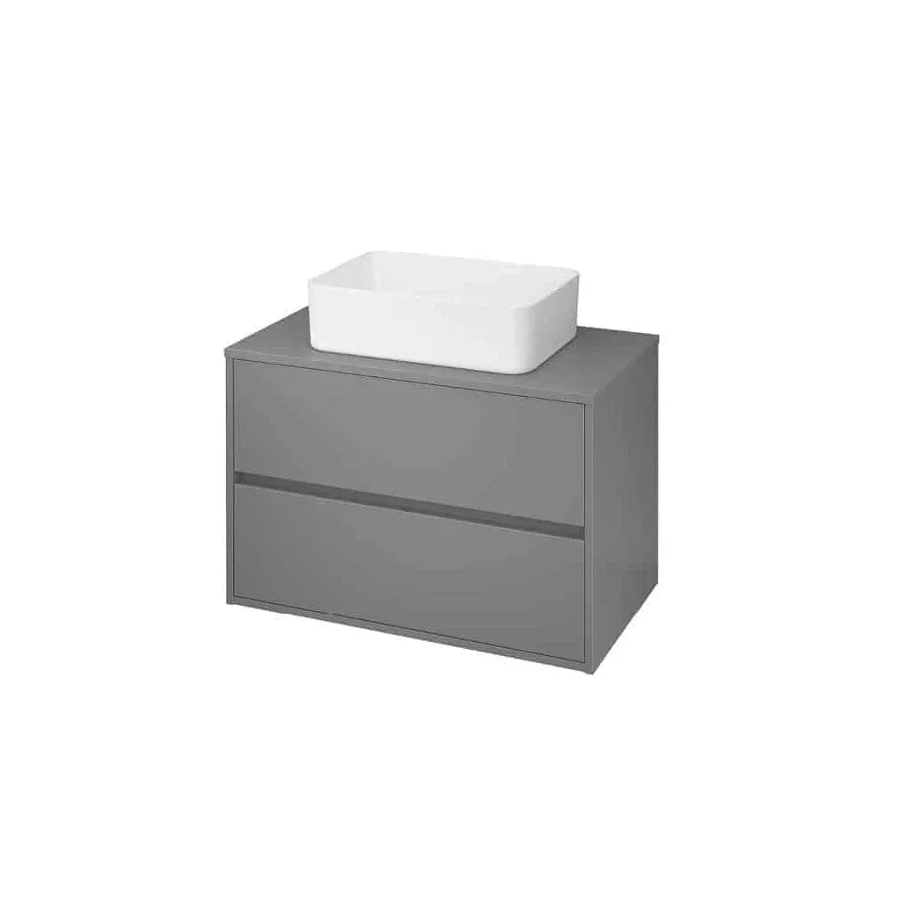 Modern grey bathroom vanity unit with white rectangular countertop basin