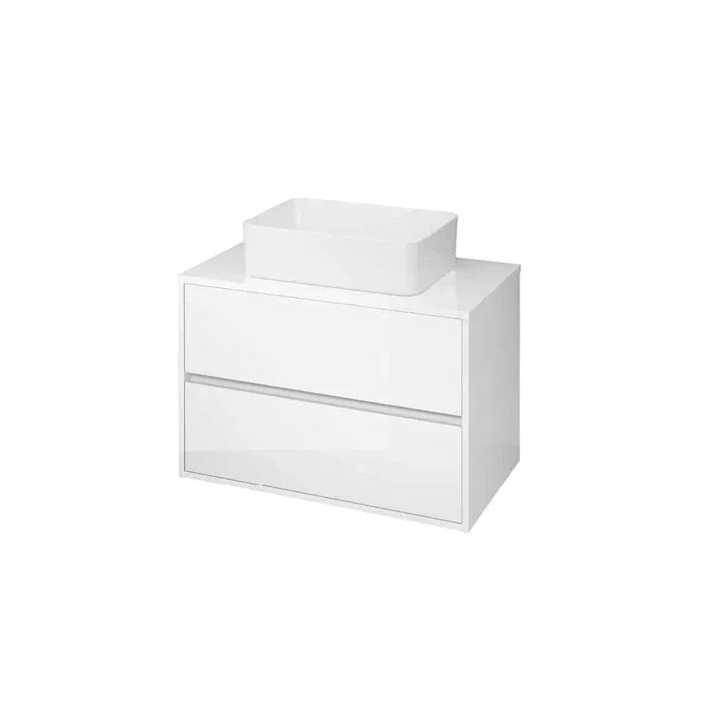 White bathroom vanity unit with two drawers and countertop basin, front view
