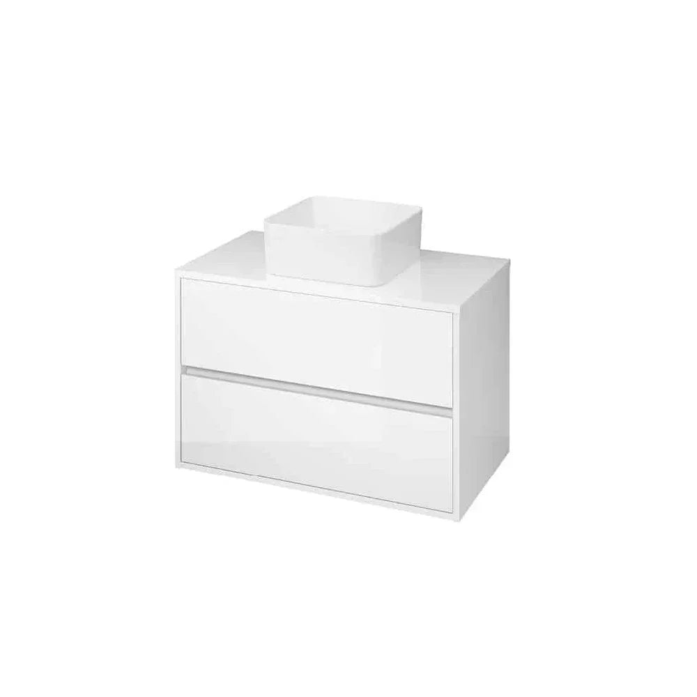 white gloss bathroom vanity unit with two drawers and countertop basin