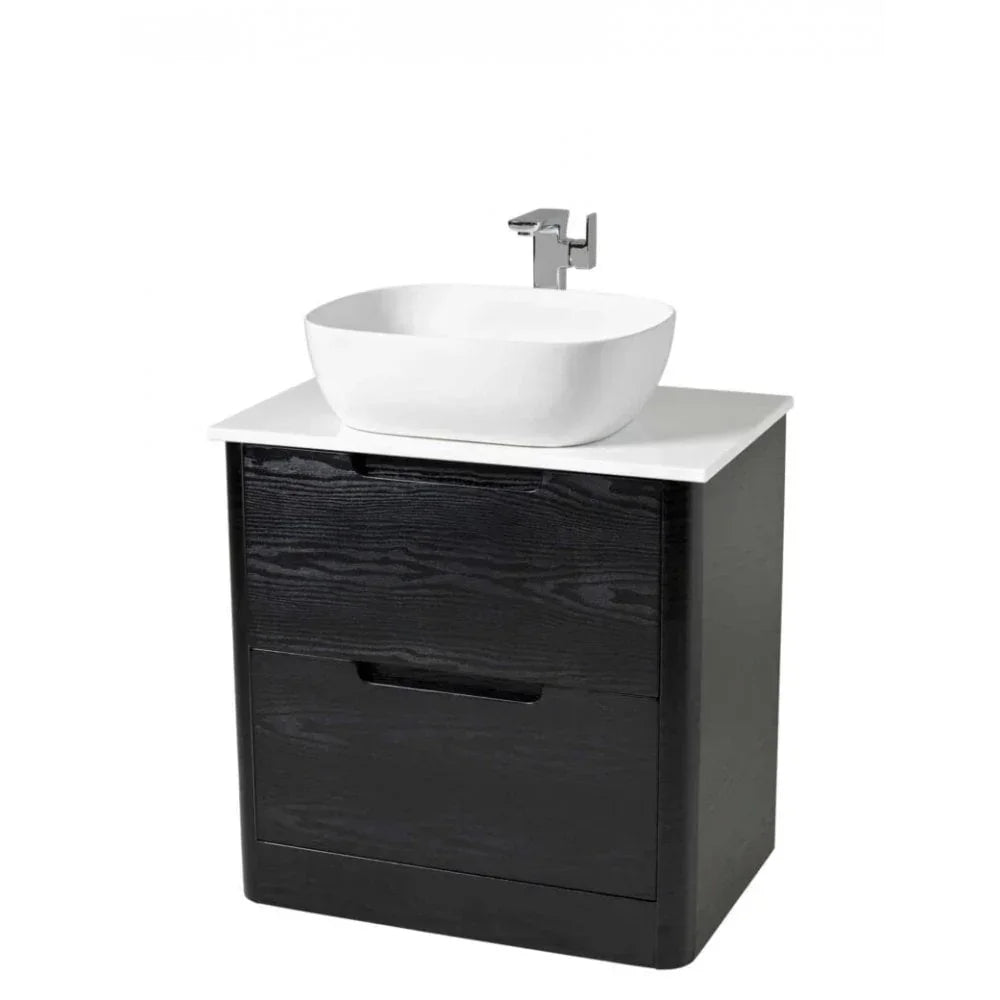 Black wood bathroom vanity unit with white countertop basin and chrome tap