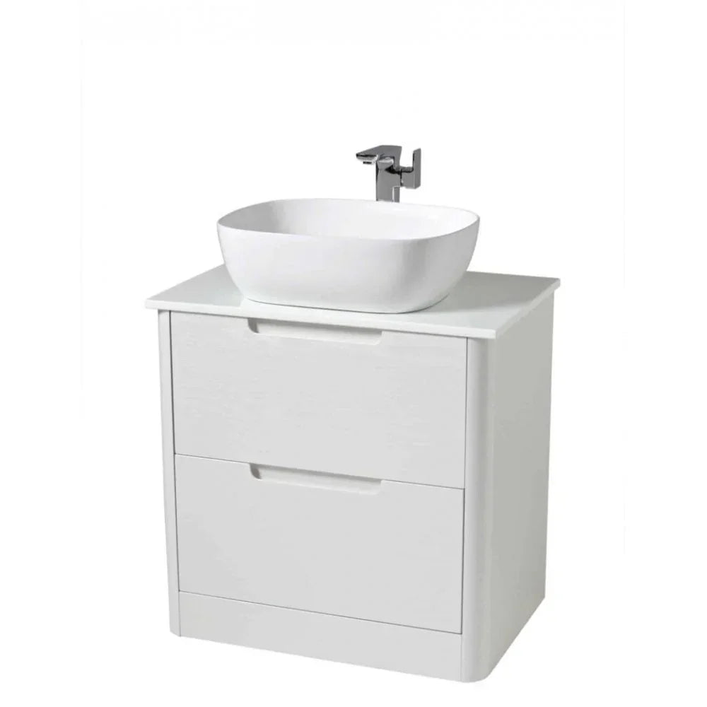 White bathroom vanity unit with vessel sink and chrome mixer tap