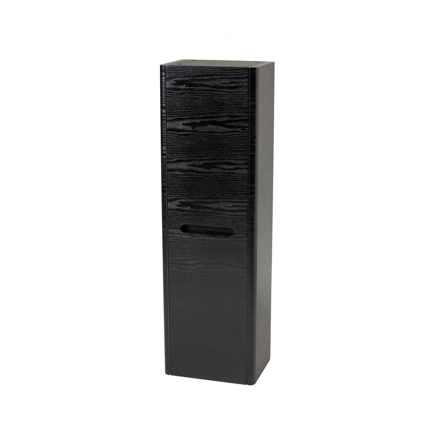 Tall black wooden storage cabinet with textured doors and integrated handle