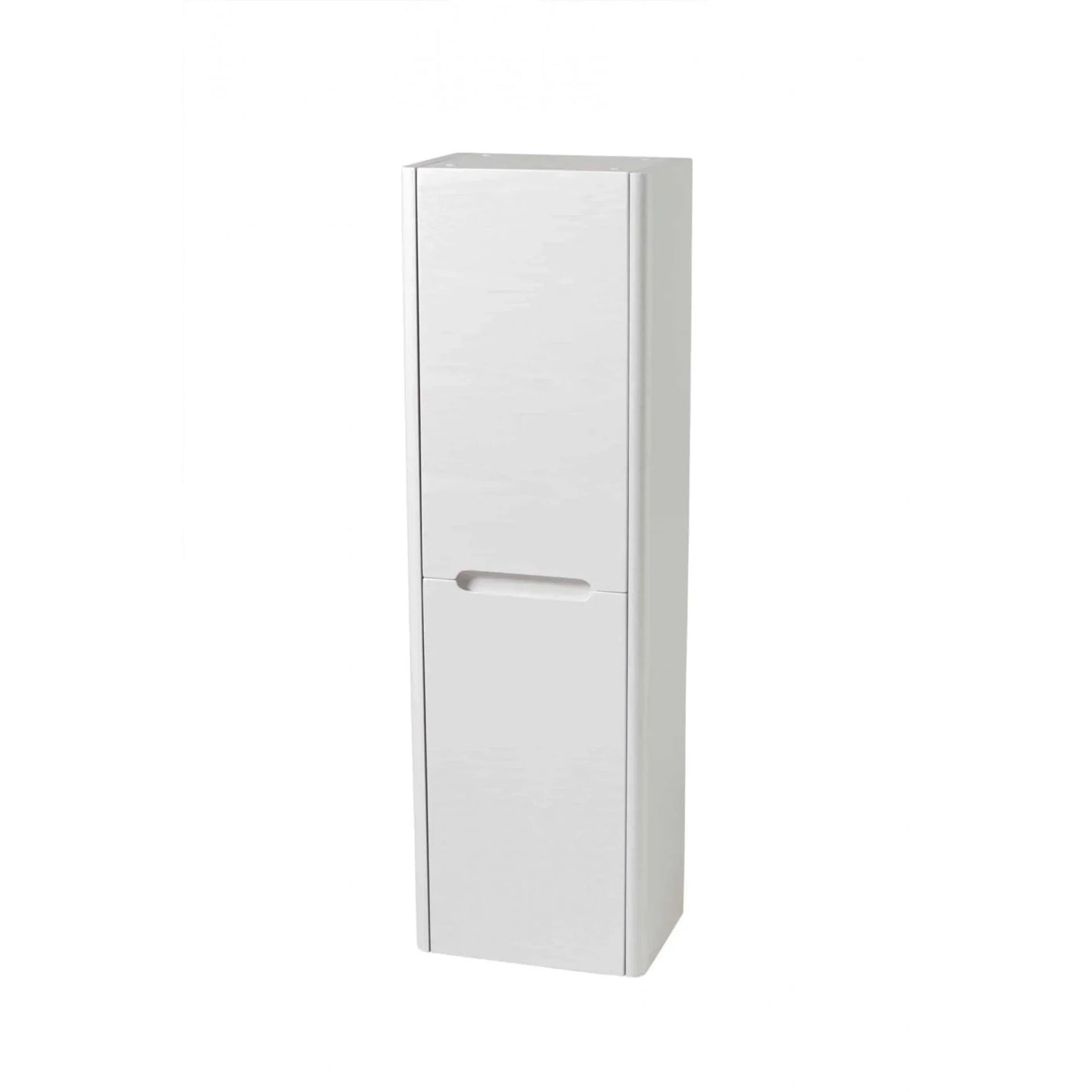 White tall storage cabinet with two doors and integrated handles