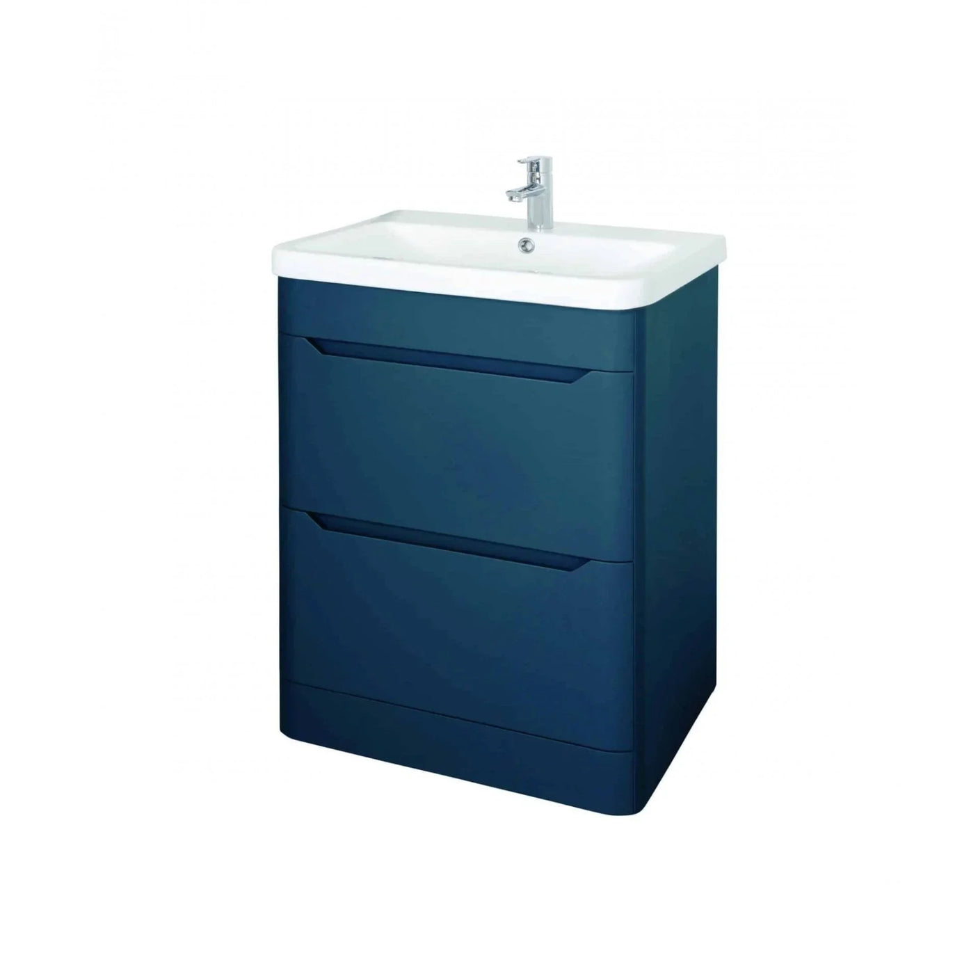 Blue bathroom vanity unit with two drawers and white basin, front angle view