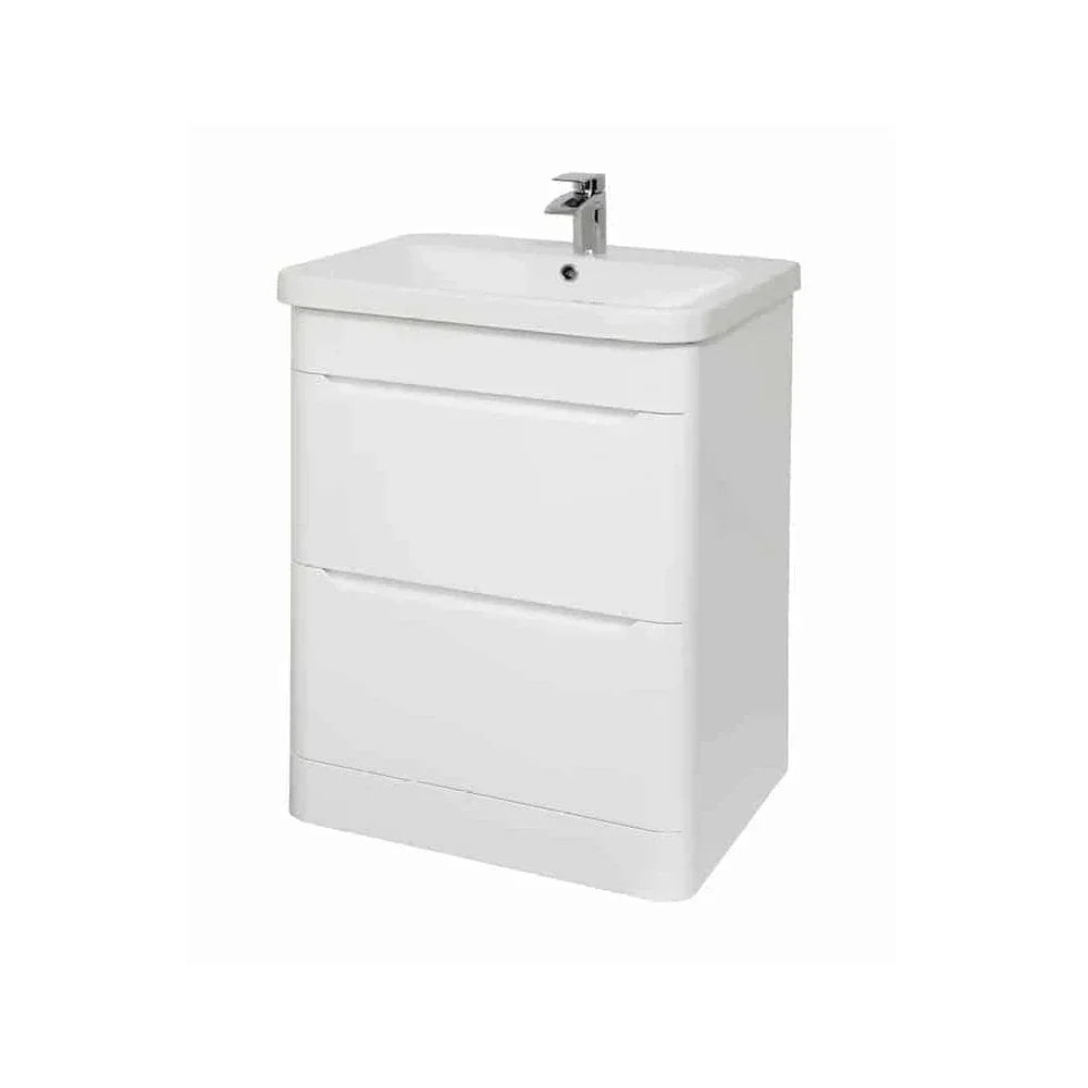 White bathroom vanity unit with two drawers and integrated sink, front angled view