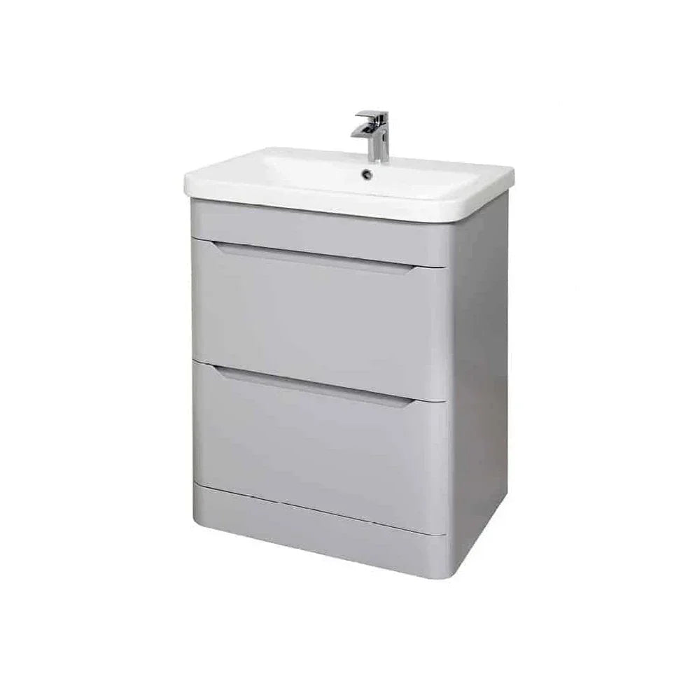 Grey bathroom vanity unit with two drawers and integrated white basin