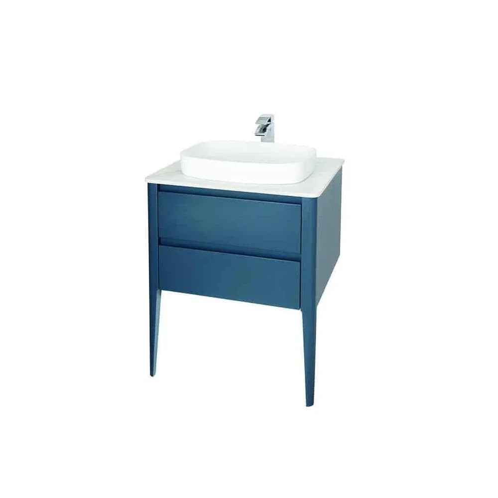 Blue vanity unit with two drawers and white countertop basin front view
