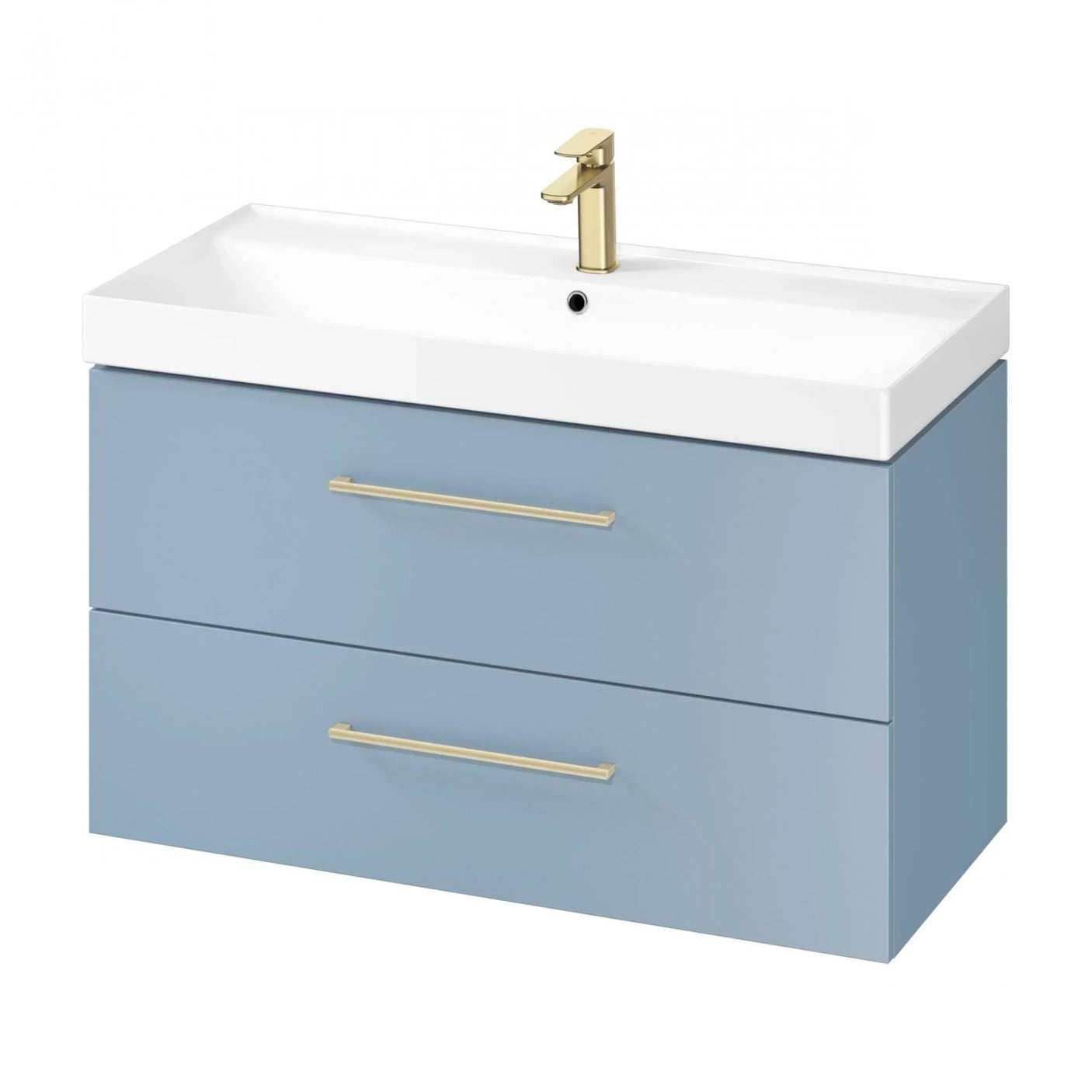 Blue bathroom vanity unit with white basin, two drawers, and gold handles