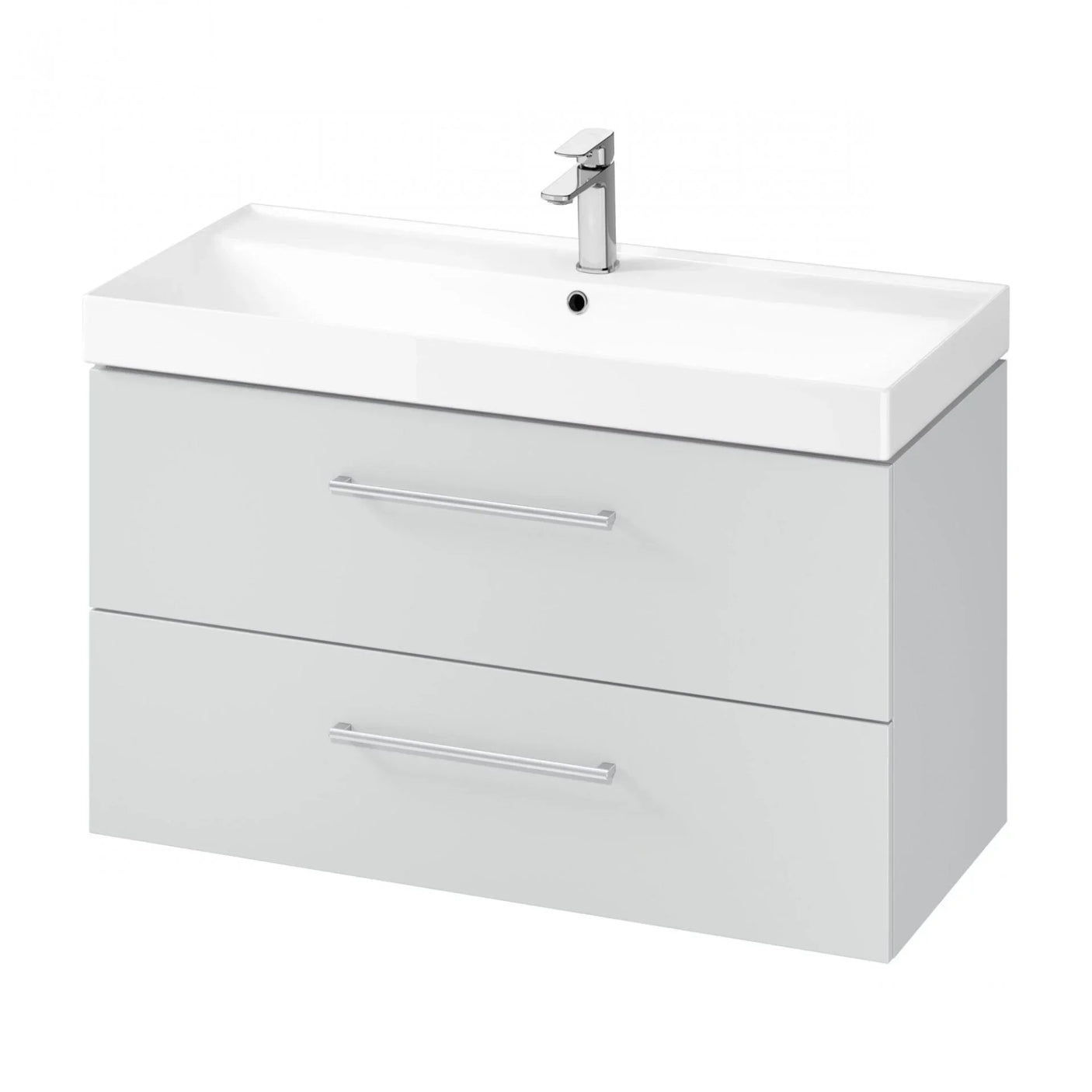 White bathroom vanity unit with integrated basin and chrome faucet, two drawer storage