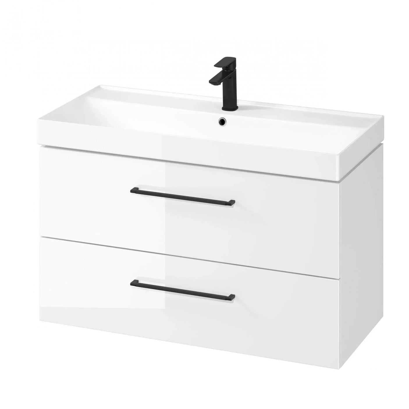 White bathroom vanity unit with two drawers and black handles, integrated basin and tap