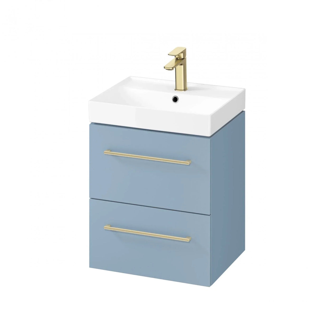 Blue bathroom vanity unit with gold handles and white basin, front view