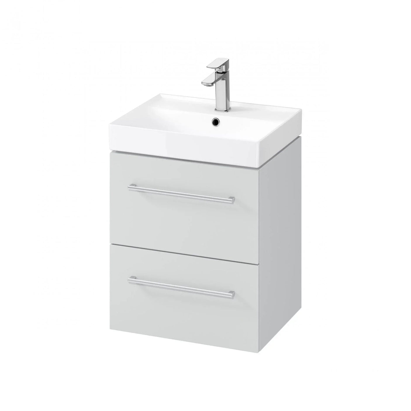 White bathroom vanity unit with two drawers and chrome handles, integrated wash basin and tap