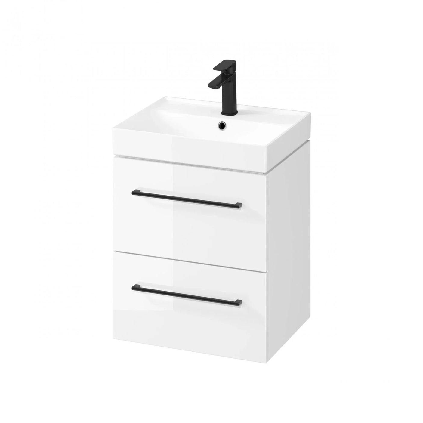 White bathroom vanity unit with two drawers and black handles, integrated sink and tap