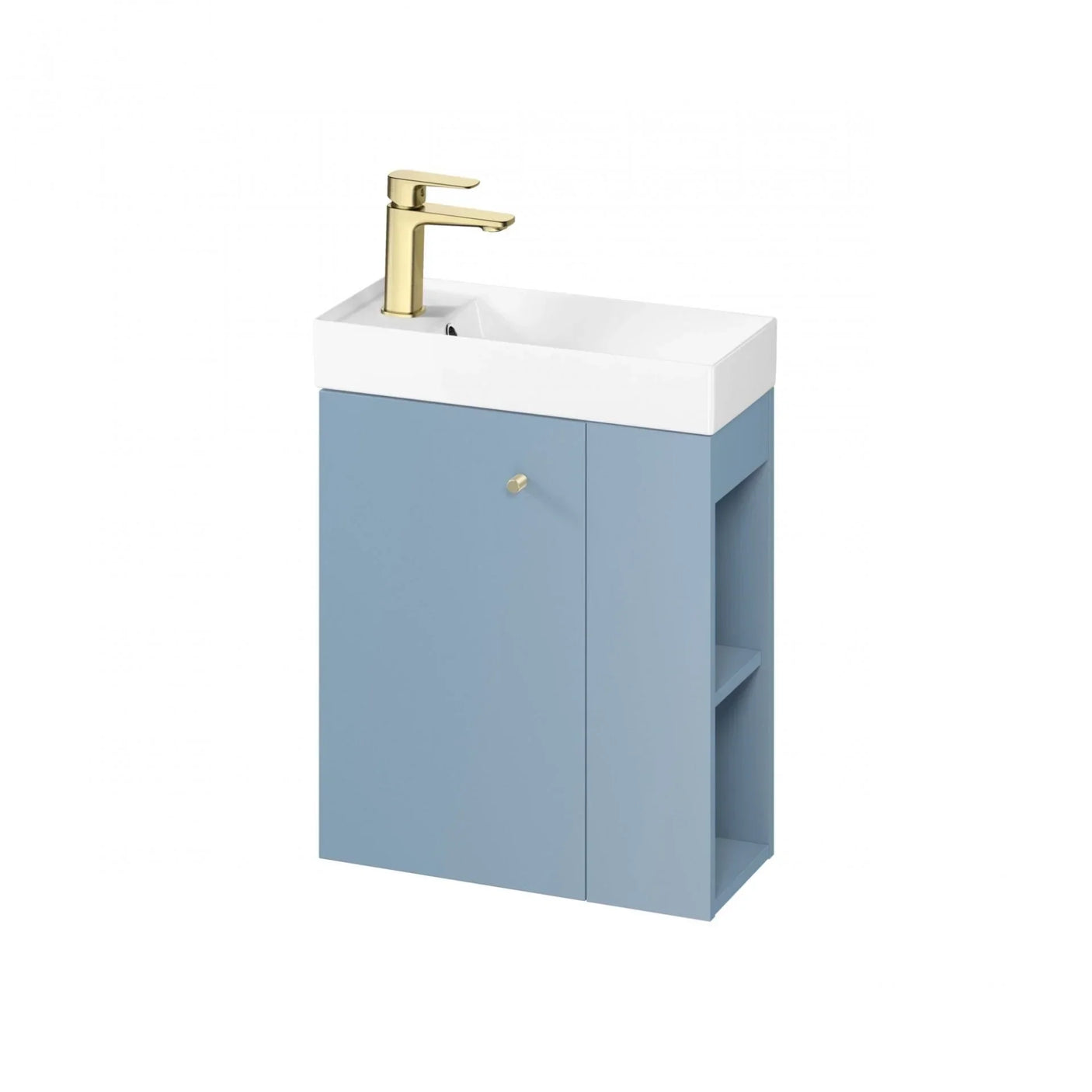 Blue bathroom vanity unit with gold tap and white basin, side shelves visible