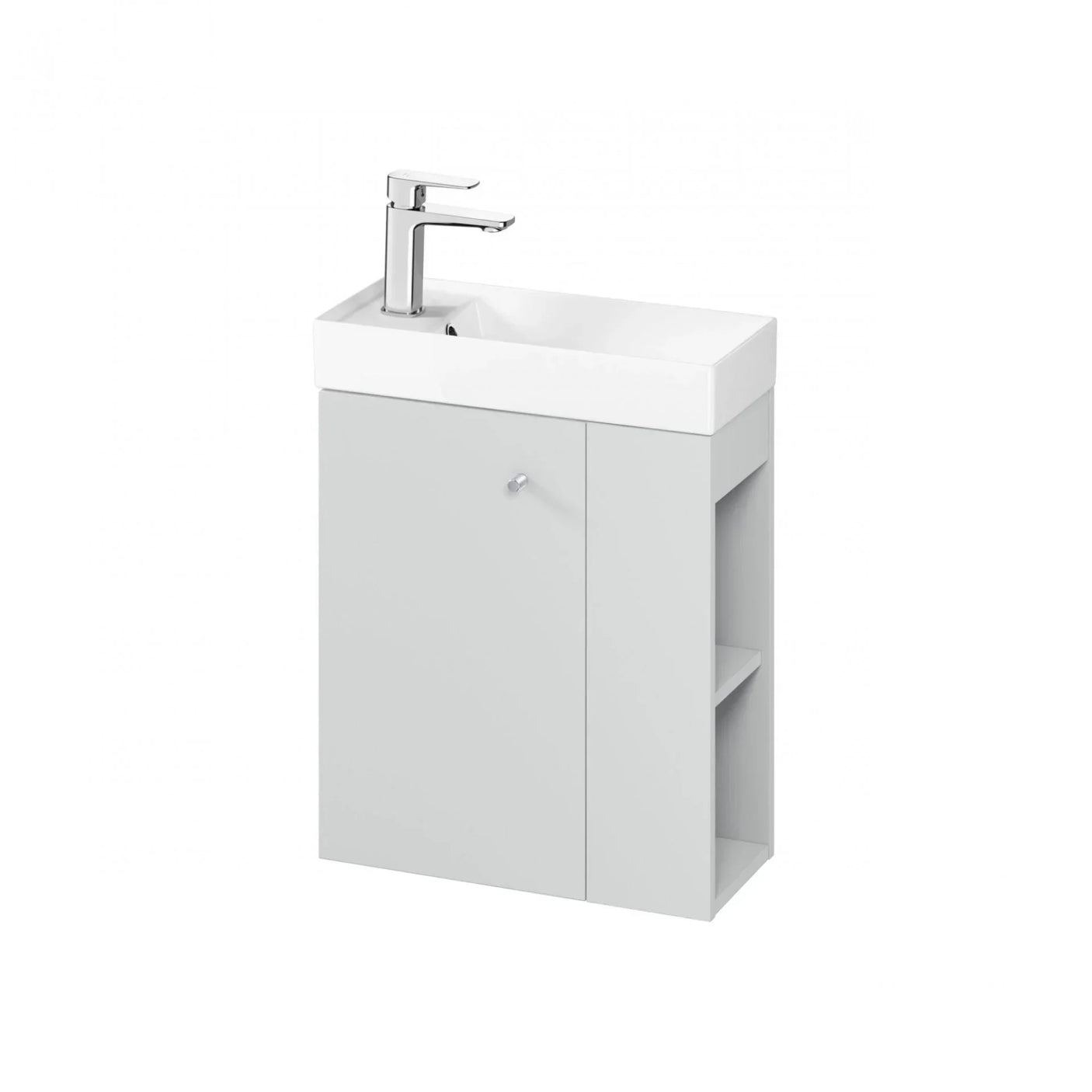 Compact bathroom vanity unit with white basin, single door, side shelves and chrome mixer tap