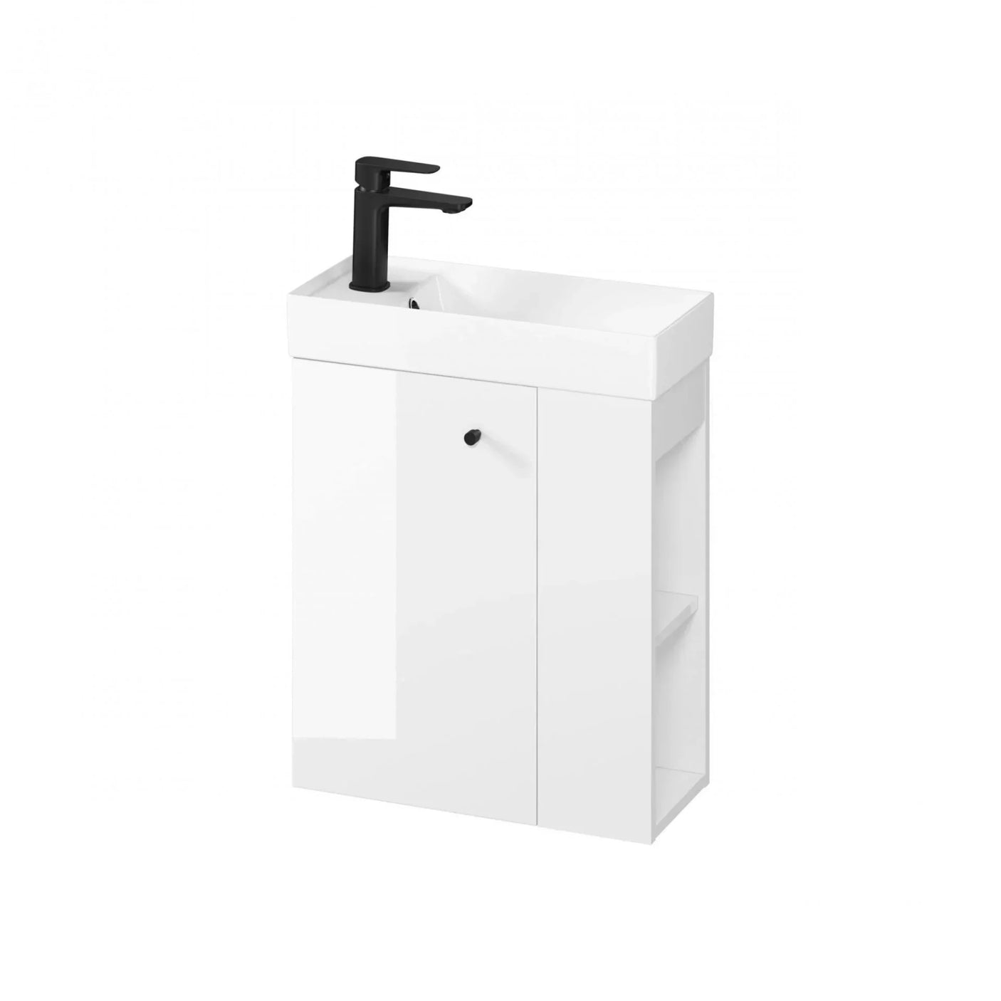 White bathroom vanity unit with black tap, storage cupboard and side shelves