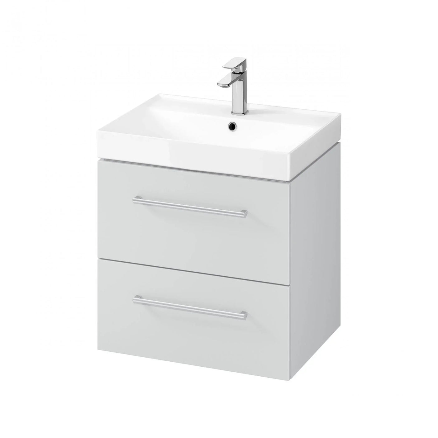 White bathroom vanity unit with two drawers and chrome handles, single tap and basin