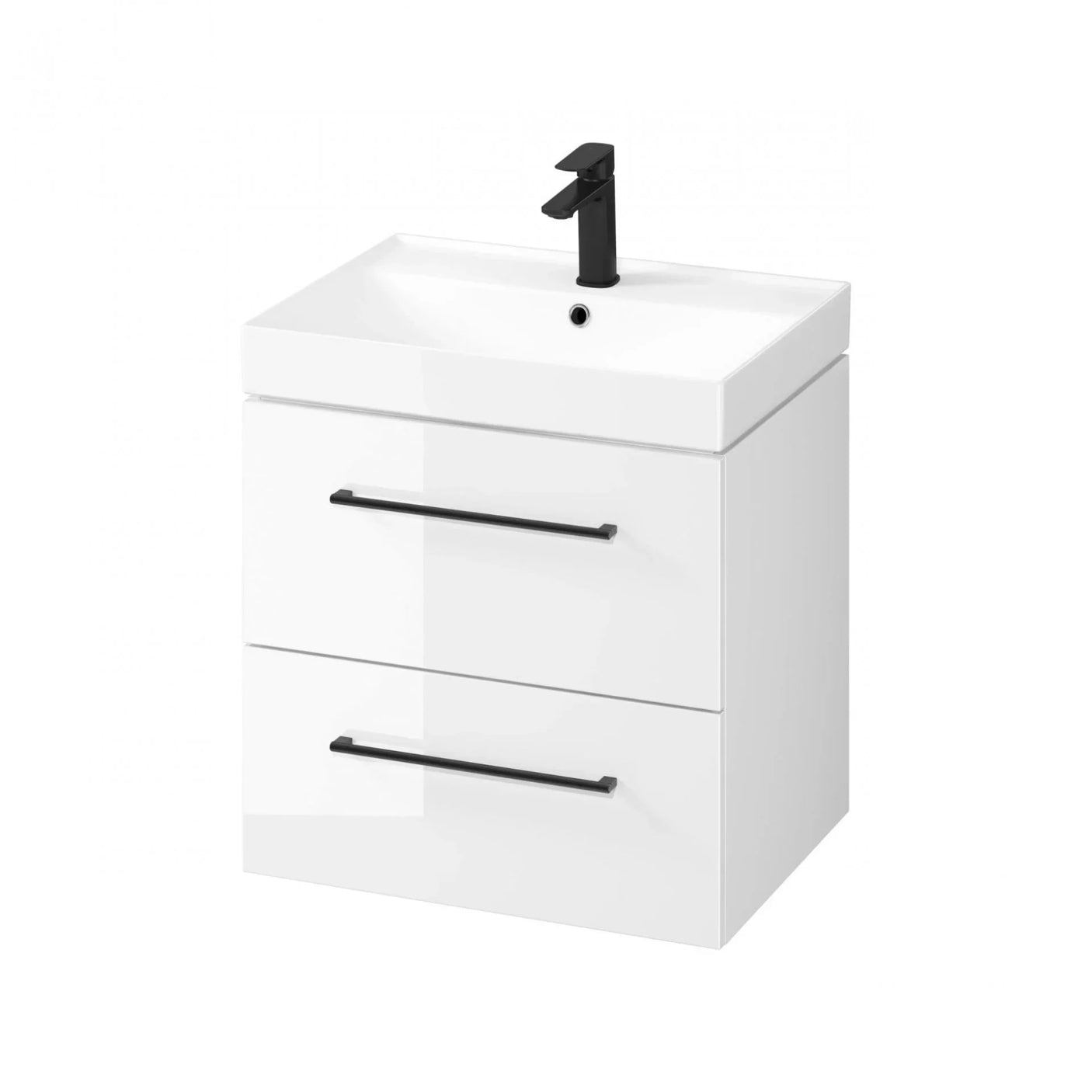 White bathroom vanity unit with two drawers and matte black handles and tap