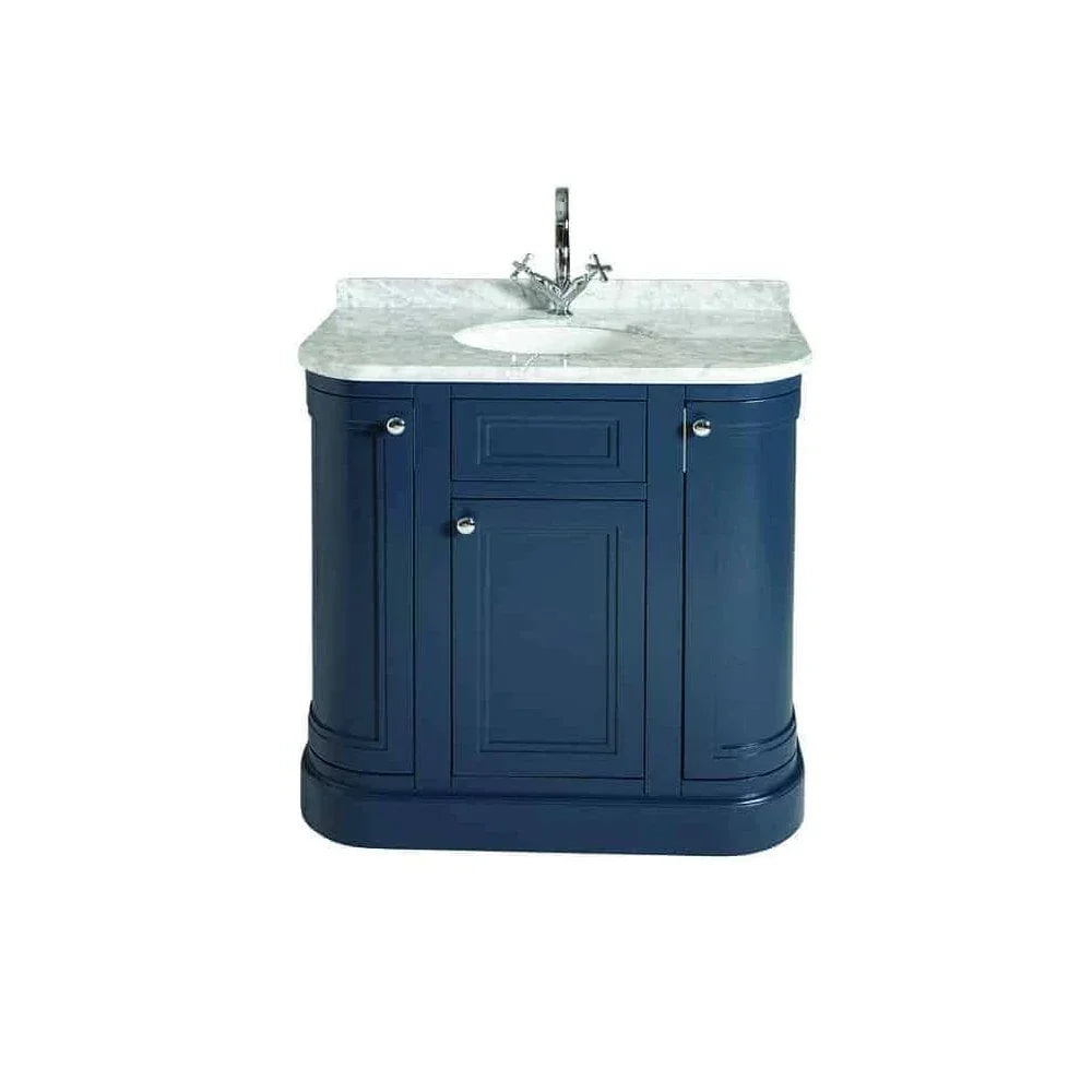 Navy blue bathroom vanity unit with marble countertop and built-in sink, front view