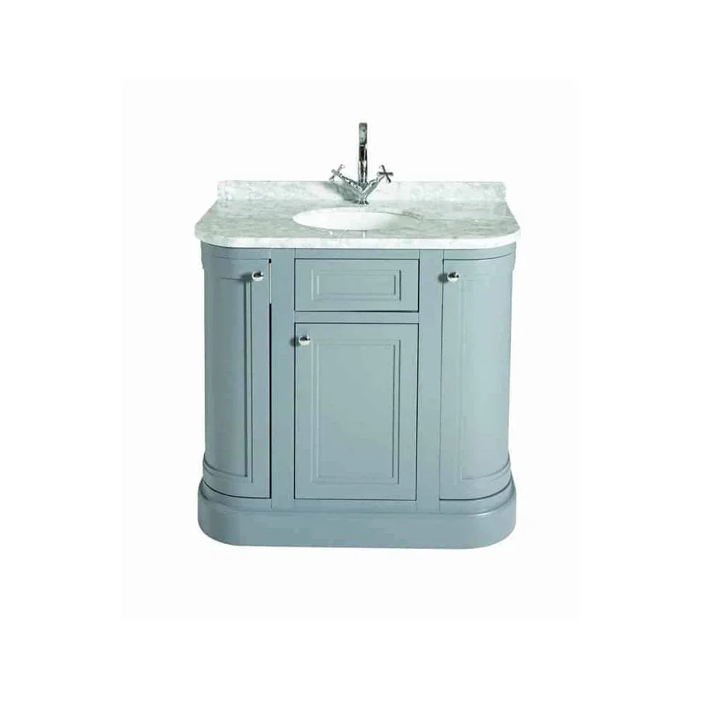 Grey bathroom vanity unit with marble top and chrome mixer tap