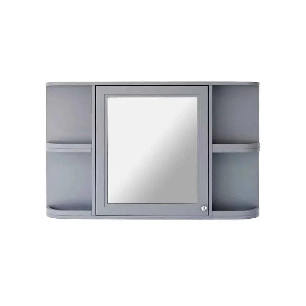 Grey wall-mounted bathroom cabinet with mirrored door and open side shelves