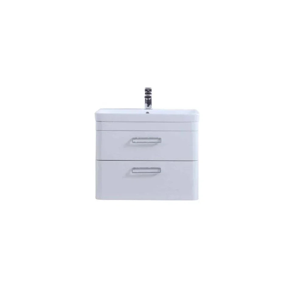 White bathroom vanity unit with two drawers and integrated sink, front view