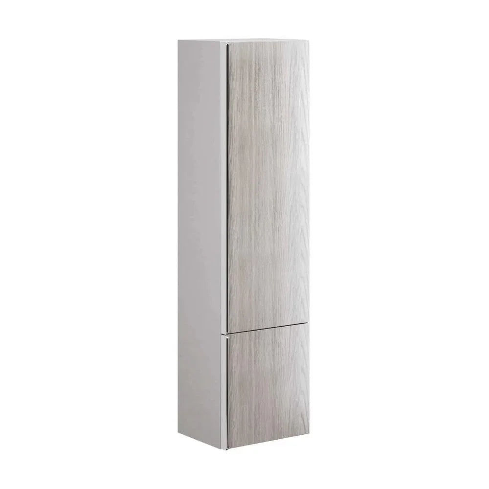 Tall freestanding bathroom cabinet with light wood finish and two doors
