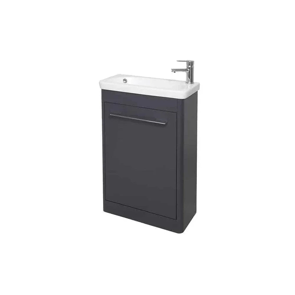 Slimline grey bathroom vanity unit with integrated basin and chrome handle