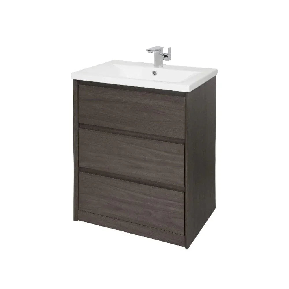 Dark wood bathroom vanity unit with white ceramic basin and chrome mixer tap